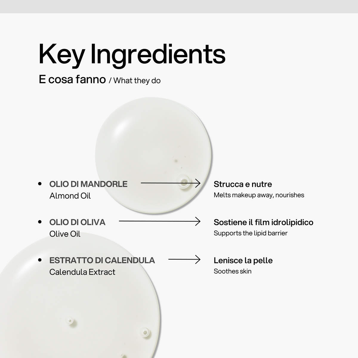 Olio Detergente Struccante Oil to Milk Skin First, ingredienti chiave