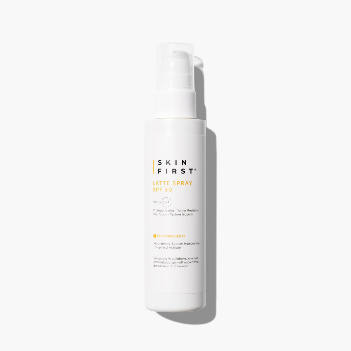 Photo of product packaging and label: SPF 30 spray sunscreen lotion